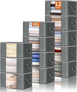 Grey 12-piece clothing storage bag with foldable thick cloth blanket for organizing clothing storage