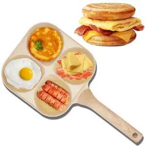 Multifunctional Non-stick Egg Frying Pan – 4 Holes Skillet with Wooden Handle, Medical Stone Omelet Maker for Pancakes, Burgers, Breakfast & Quick Cooking at Home.Non-stick Beige Cookware frying pan.