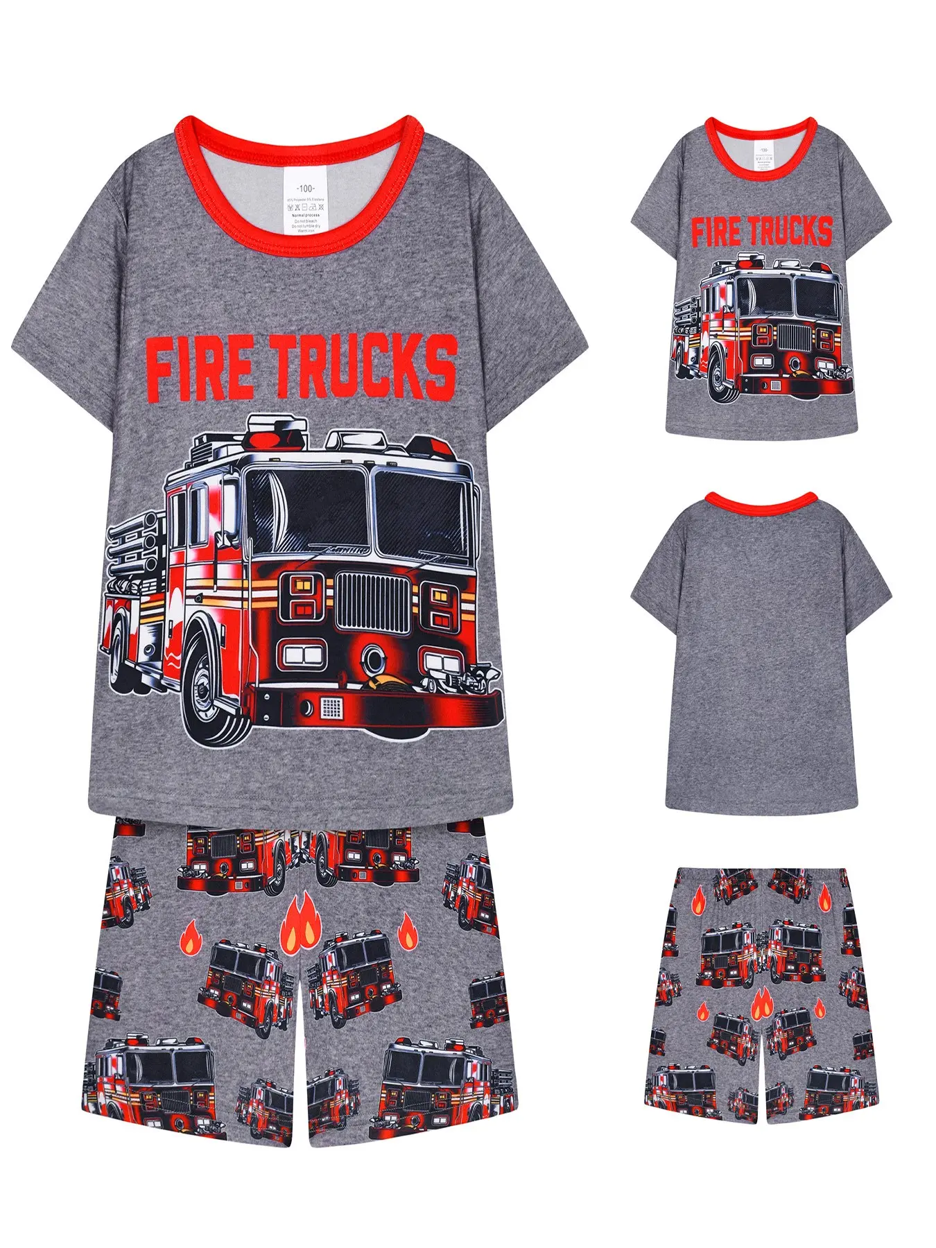 Kids Short Sleeve Pajama Set, Fire Truck Print, Cartoon Pattern Pajamas, Cartoon Print Pajama, Soft and Comfortable, Suitable for Ages 2-12, Casual Fitted Sleepwear for Summer