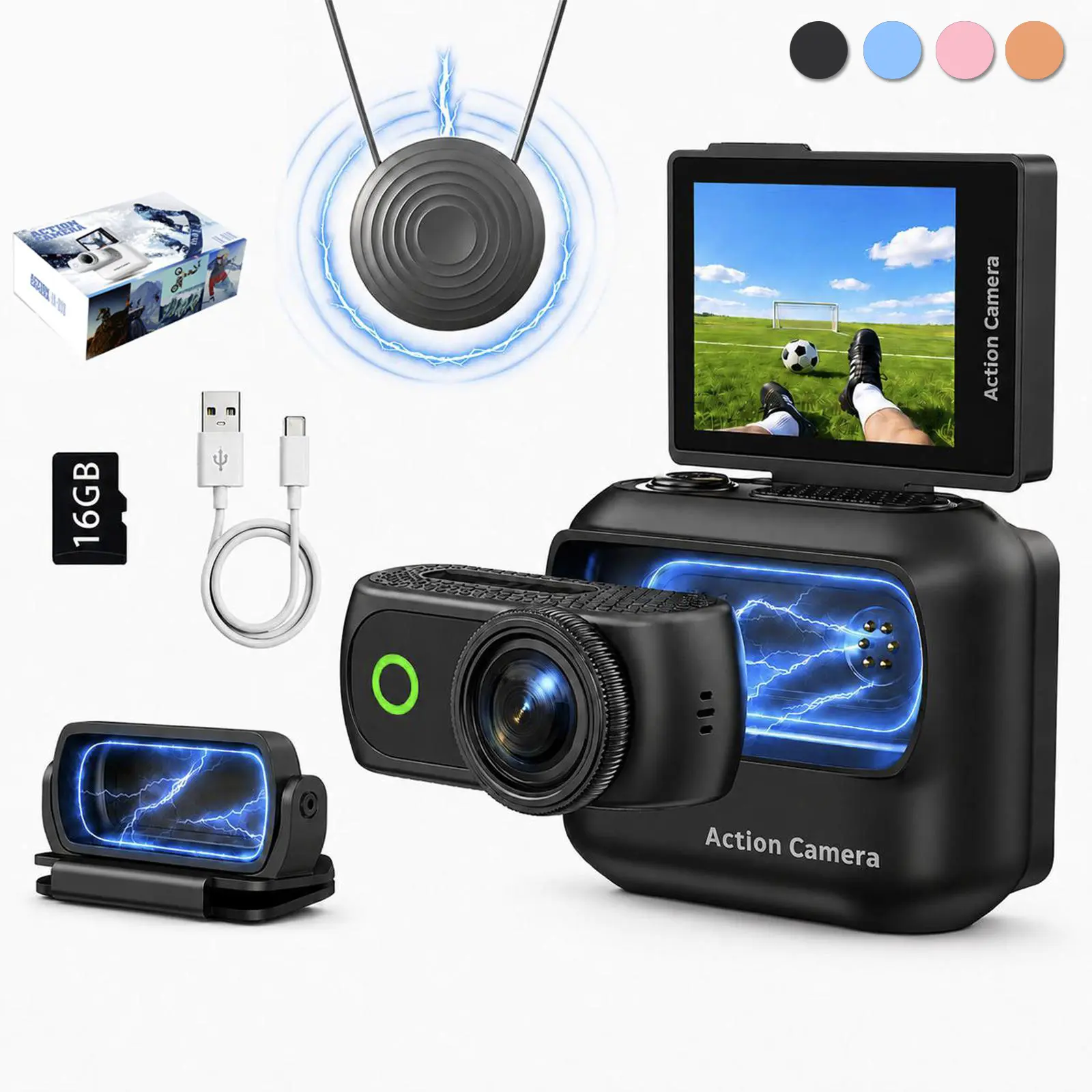 SpecHarge 4K Magnetic Action Camera Vlog Kit First-Person Outdoor Camera Set with Neck Strap Detachable Live View Monitor Cap Mount and 16GB Memory Card SummerWins DealsForYouDays