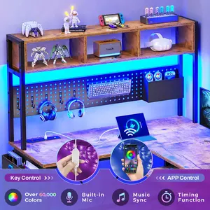 Sedeta L-Shape Gaming Office Desk - Reversible Corner Home Desk with Sturdy Frame, Powerful Storage Space, Music Sync Function, RGB LED Light, Power Outlet, Remote Control, Shelf, Wall Plate, Storage Bag, Engineered Wood Brackets