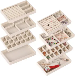 Set of 8 Stackable Jewelry Organizer Stackable Trays,Jewelry Drawer Inserts Container Display Case Storage for Earring Necklace Rings Bracelet Watch with Removable Dividers-Beige CDBOVID