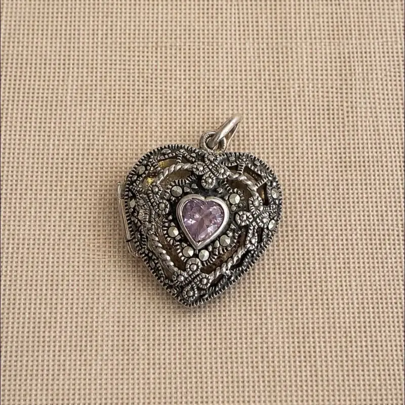 Sterling Silver See Thru Heart Locket with purple Stone and Marcasite