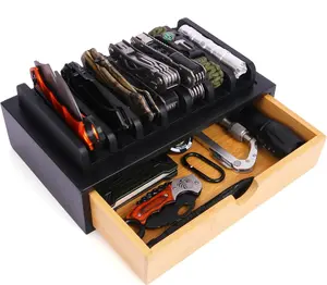Pocket Knife Display Case, EDC Knife Rack for 7 Knives - Wooden Knife Organizer with Drawer for EDC Flashlight Or Knives Accessories, Knife Holder Suitable as Christmas Gift for Men, Black