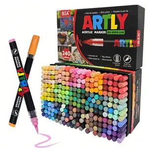 High-End Art Gift Choice Soft Tip Acrylic Markers Set, 240 Colors, Universal Multi-Material, Visible Ink Control, Professional Drawing Supplies, Flexible Tip Marker, Acrylic Marker Pen