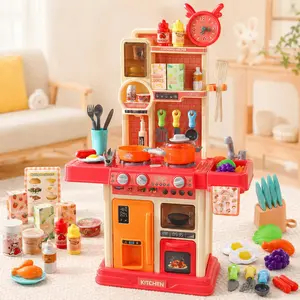 45PCS Kids Kitchen Playset with Real Faucet, Steam, Lights & Sounds, Color Changing Food Pretend Cooking Toy for Toddlers Boys Girls