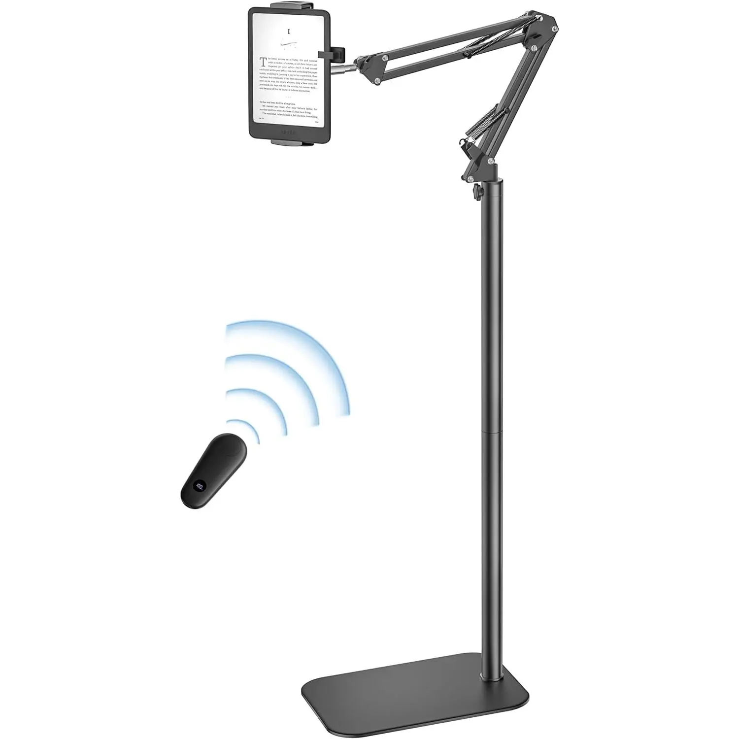 Floor Stand Kindle Holder with Remote Page Turner for Reading in Bed, Adjustable Tablet Mount with Clicker, Kindle Accessories Clicker Tablet Holder for Kindles Tablets iPhones 4.7-12.9 inch(Black)