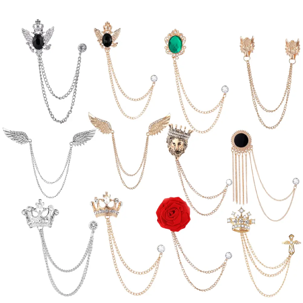 12-Pcs Assorted Male Vintage Decorative Brooch Pin Set - Rose Rhinestone Floral, Wolf Head, Angel Wings Designs with Dual-Use Tassel Chain, 2-In-1 Versatility for Formalwear, Prom Events
