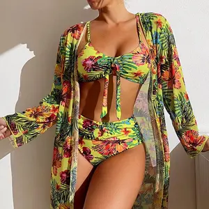 Bohemian Print Sexy Women'S Beach Bikinis Three Pieces Bikini Set Cover up Swimwear High Waisted Bikini Set Women Swimsuit 2025 MsChuh Rashguards Sleeve