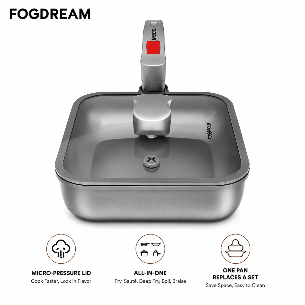 FOGDREAM 14 Inch All-In-One Fry Pan, Multi-Function Ultra Hybrid Non-Stick, Micro-Pressure Lid Saving Cooking Time, Oven/Dishwasher Safe, PFOA-Free, Rotating Handle,Saucepan, Frying Pan, Pot Set All in one, Space Saving, Multi-Use, Household Items pan