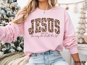 [Made in USA] [Collection For Christmas] Christian Jesus Sweatshirt, Cheetah Print Bible Verse Tshirt, Trendy Faith Apparel Gift, Jesus Loves You, The Way The Truth The Life, TikTok Shop Viral, Gift for Her