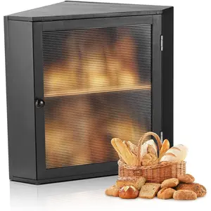 VEVOR Corner Bread Box for Kitchen Counter, Double Layer Large Capacity Bamboo Bread Storage Container, Farmhouse Wooden Breadbox for Homemade Bread, Storage Holder Bin with Acrylic Wavy Door, Black