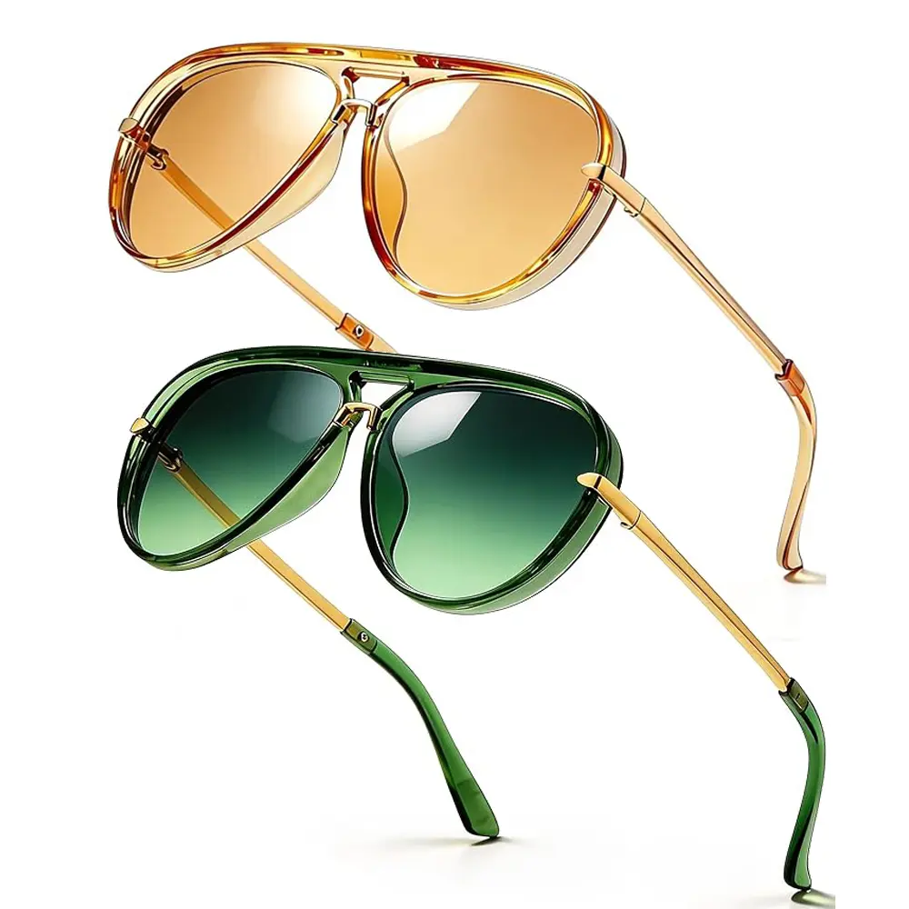 【Summervibes】2Pcs Oversized Aviator Sunglasses, Retro Gold Metal Sun Glasses Tangle Free Aviators, Trendy Womens Shades Sun Glasses