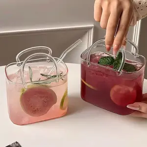 Reusable High Borosilicate Square Glass Cup with Straw, Reusable Glassware, Durable Glass Cup, Clear Cocktail Mug for Juice Smoothies Iced Coffee Tea, BPA Free Dishwasher Safe Aesthetic Drinkware, Stylish Glass Cups, Straw Included, Perfect Holiday Gift