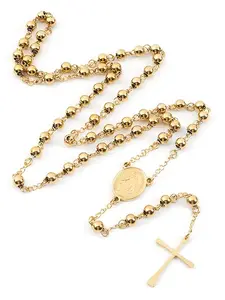 Small Beaded Cross Necklace Pendant Stainless Steel with 59 Beads