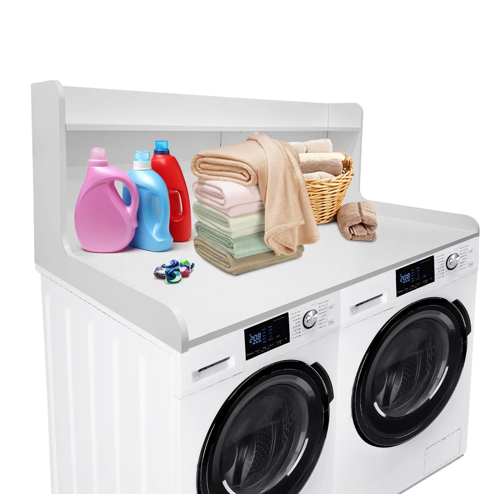 2-Tier Manufactured Wood Washer Dryer Countertop - 54"w x 27.55"d x 2.75"h Edge Rails Laundry Cover, Premium Durable Build, Stable Nonslip Pad, Convertible Workspace for Laundry Room Organization, Maximize Storage, Wooden