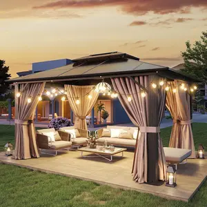 【Ships in 2 Packages】Aoxun 12'x10' Hardtop Gazebo, Aluminum Frame Permanent Pavilion with Curtains and Netting, Outdoor Polycarbonate Double Roof Canopy, Designed for Garden, Lawns, Patio, Brown