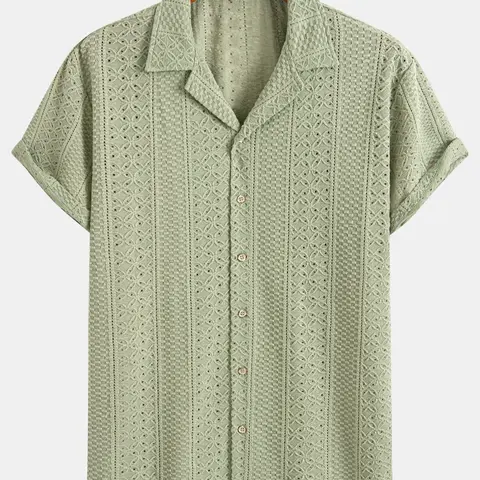 Men's Geometric Jacquard Short Sleeve Casual Comfy Collared Party Shirt, Casual Design, Loose Breathable Relaxed Fit Casual Comfy Breathable Top for Summer, Men's Clothes for Daily Wear, Tropical, Casual Stylish Menswear, Knit Shirts #GLOBAL PICKS