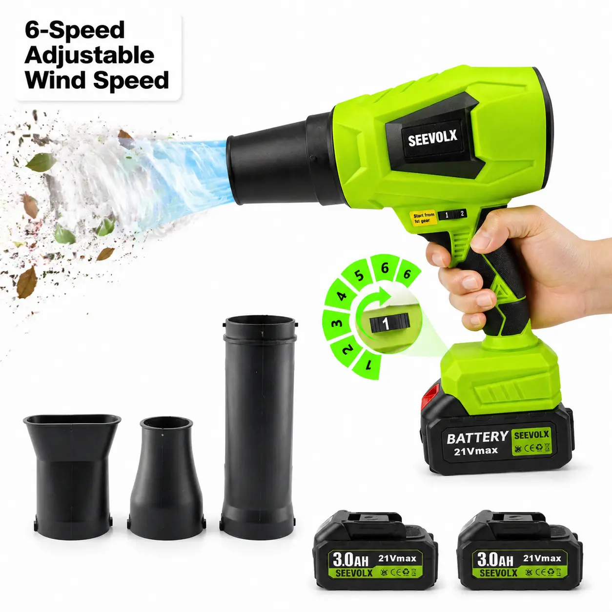 SEEVOLX 21V Cordless Leaf Blower with 2 Batteries 6 Speed Adjustable Wind Speed 3 Nozzles for Yard Garage Patio and Car Cleaning, Lithium Battery Blower, Outdoor Rechargeable Blower