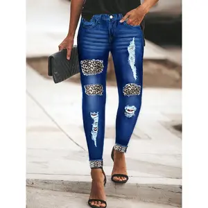 MHZ washed blue leopard print patchwork skinny jeans with multiple holes, buttons, built-in zipper closure, high waist, slim fit, casual and durable, street style, suitable for all seasons, women's plus size jeans Bottom Womenswear Streetwear Pants Trouse