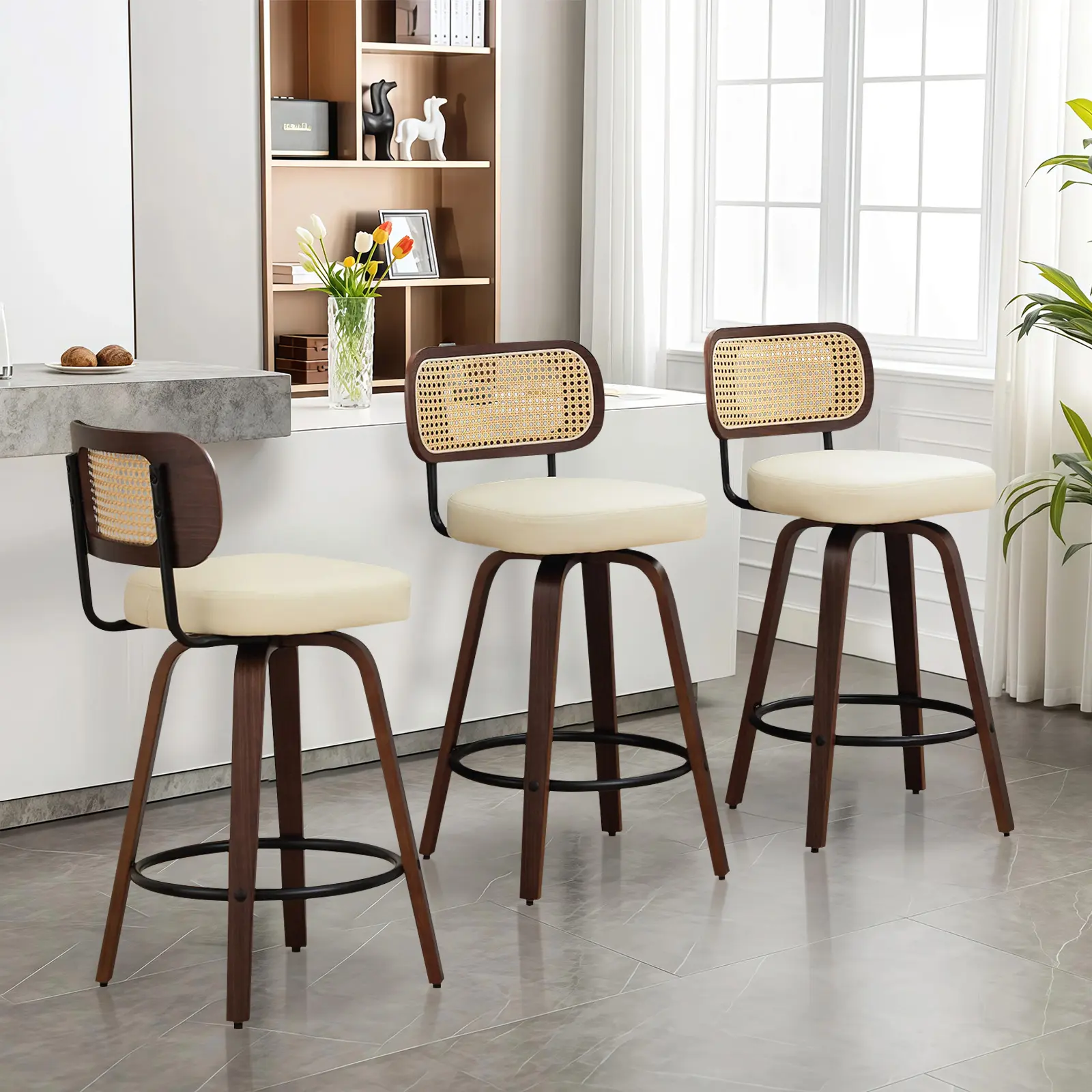 26" Swivel Leather bar stool Set , PU Leather Counter Height Upholstered island Chair with Rattan Back Bentwood Legs 360° Rotation Faux Leather Cushion for kitchen Home Bar