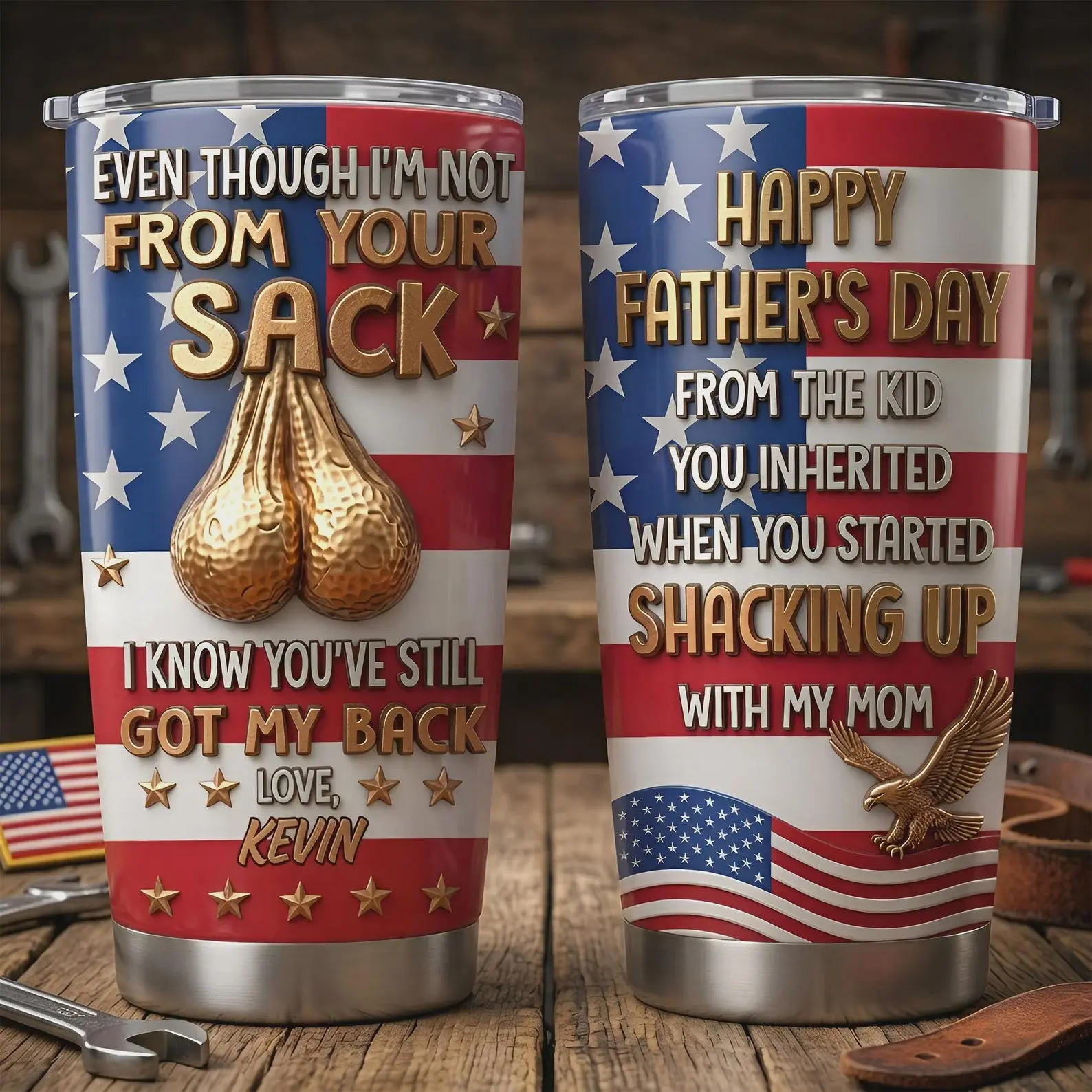 Custom Not From Your Sack Cup, Personalized Funny Stepdad Tumbler, Patriotic Fathers Day Gift, American Flag 20oz Travel Mug for Bonus Dad