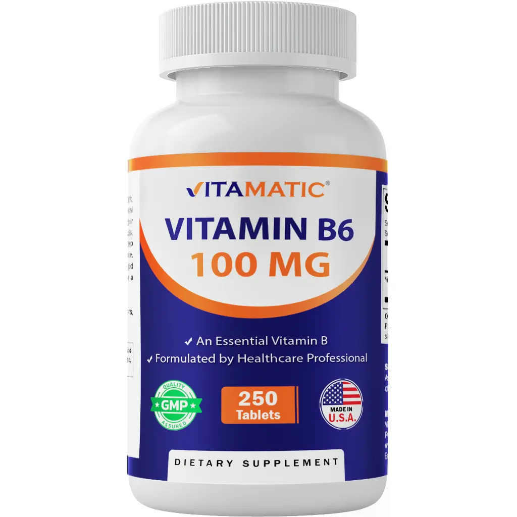 Vitamatic Pyridoxine HCI Vitamin B6 100 mg Unflavored Dietary Supplements - 250 Vegetarian, Gluten-Free, Sugar-Free, Doctor-Formulated Edible Tablets for Nervous System, Heart Health Support & Energy Production