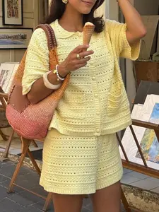 Knitted Hollow Out Hook Flower Cardigan with Button, Casual Vacation Beach Set, Stylish and Aesthetic Comfortable Knitwear Outerwear for Women