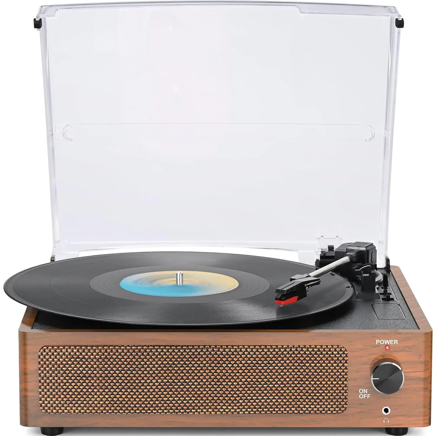 Vintage Brown Retro Wooden 3-Speed Belt-Driven Turntable with Belt-Driven Turntable Mechanism - Multi Functional All-in-1 Stereo Phonograph for Vinyl Records, Auto Stop, Bluetooth Playback, Aux-in Port, 3.5mm Jack, RCA Jacks, Built-in Stereo Speakers