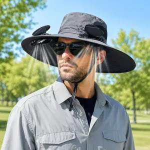 Solar Fan Outdoor Fishing Hat with Two USB Fans - Solar Powered Sunshade Hat , Powered by Electric Wire, Wide Brim Bucket Hat,Fishing Cap