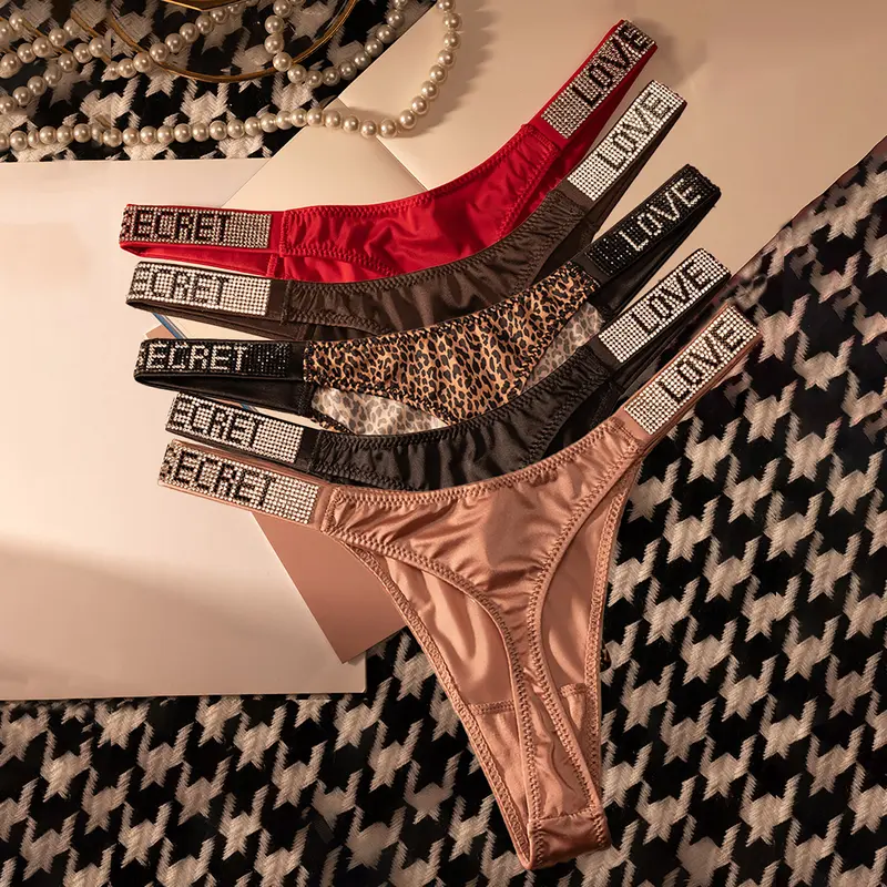 5pcs Women's Rhinestone Thongs Stretchy Sports Panties Pack Sexy Low Waist Womens Lingerie Exquisite Craft Comfortable Breathable Underwear for Women Elegant Solid Colors (Black/Brown/Beige/Blue/White) Skinfriendly Fabric Holiday Gifts for Lover Wife