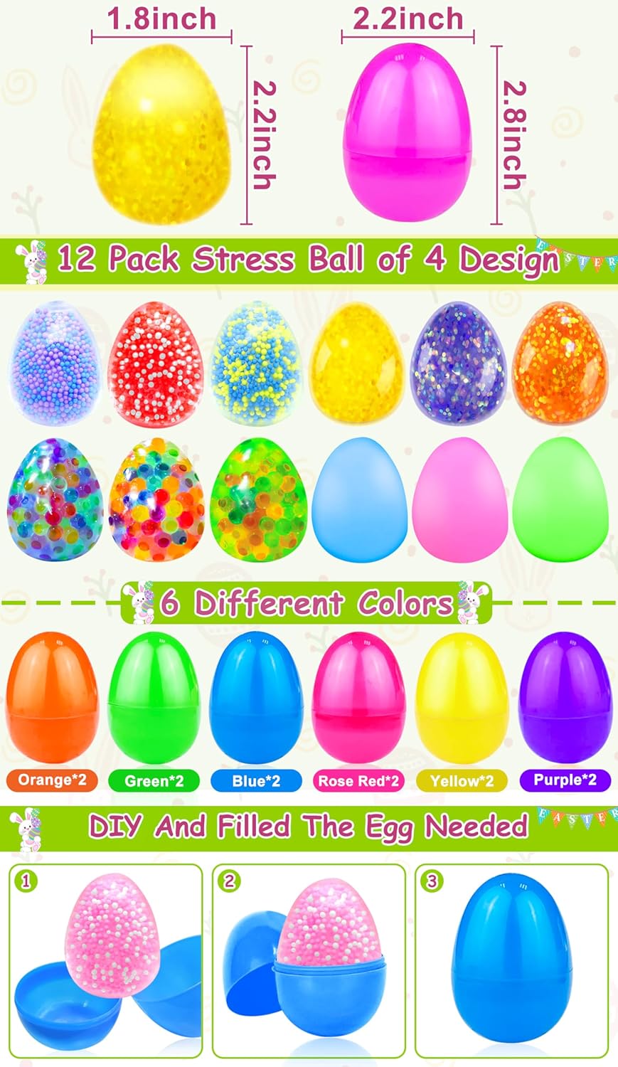 12‑Pack Easter Eggs with Toys – Filled Squishy Stress Balls & Fidget Toys for Kids, Toddlers Easter Basket Stuffers, Party Favors, Classroom Prizes & Gifts