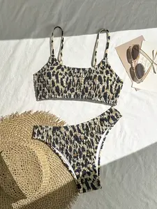 Women's Summer Beach Vacation Leopard Print Ruched Bikini Set, 2-Piece Sleeveless Top & Bottoms, Perfect for Party