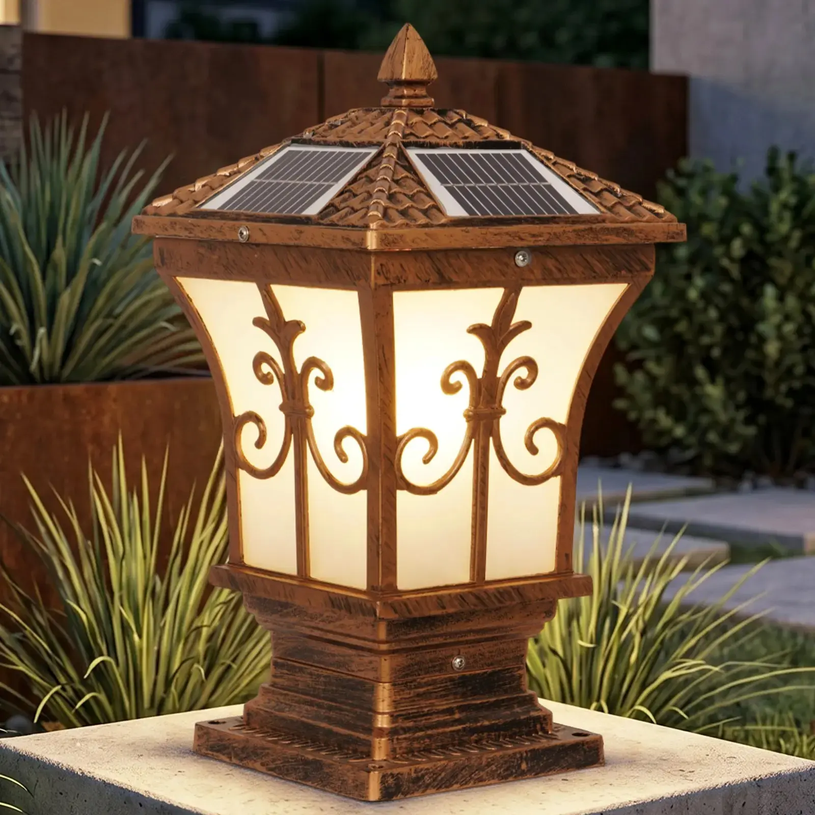 14.6 Inch Bronze Pillar Lamp, Outdoor Solar Post Light, Dual Use Solar And Wired E26 Gate Column Light, IP65 Waterproof Lantern With Remote For Patio Garden Fence Poolside