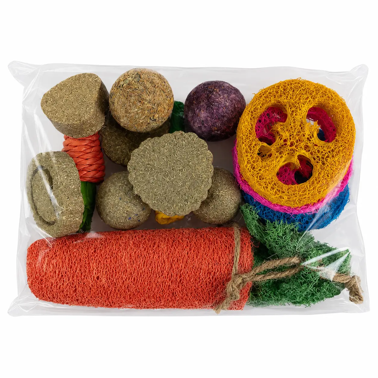 Rabbit Chew Toys Assortment – Natural Loofah, Grass & Herb Chew Toys for Rabbits, Guinea Pigs, Chinchillas & Small Animals – Colorful Dental Chews & Enrichment Toys
