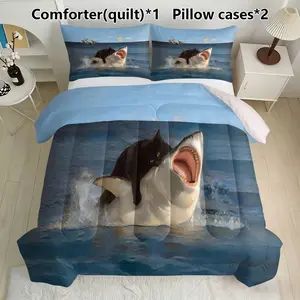 3-Piece Shark Cat Quilt Set, Soft Lightweight Breathable, Includes 1 Quilt and 2 Pillowcases, Ideal for Home or Dorm, All-Season Bedding