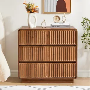 Giratree Mid Century Modern Fluted Dresser, 31.5" Wide 3 Drawer Chest with Curved Edges, Walnut Wood Storage  for Bedroom or Living Room kitchen cabinets