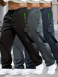 American workwear-style men’s quick-dry casual pants, 3-pack available in multiple colors, side zipper pockets paired with a large utility pocket, drawstring waist with a loose tapered fit, lightweight breathable fabric for comfort without restriction, su