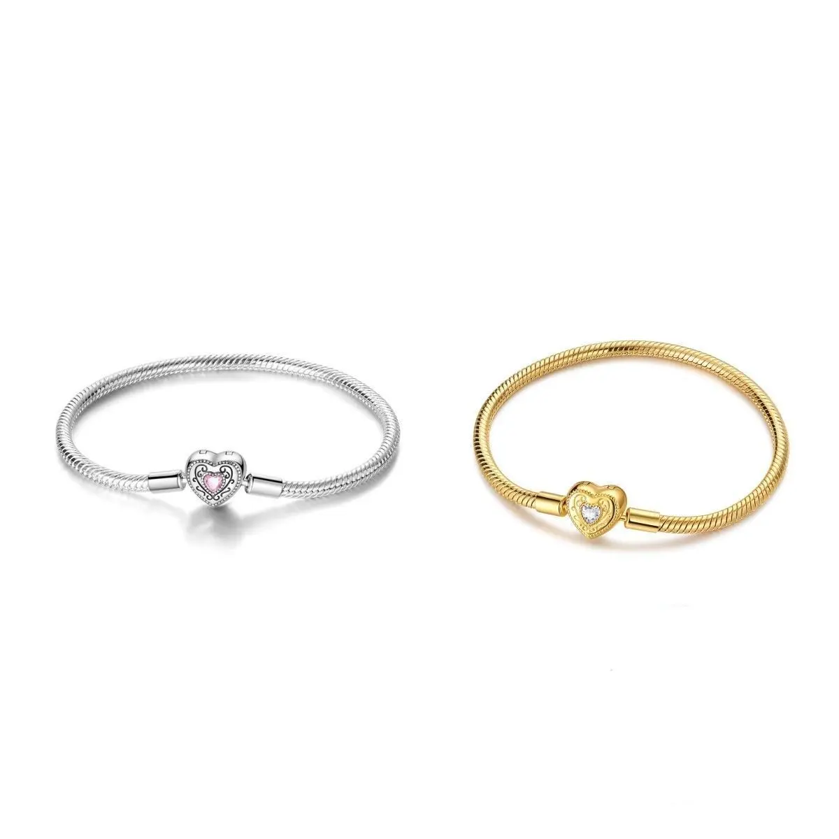 MULA 925 silver-plated Vintage Heart and Snake Chain Bracelet – 14K Gold Plated, Set with Pink and Clear Zirconia, Compatible with Pandora Charms, Romantic Princess-Style Valentine's Day Gift, Heart Lock Bracelet, Elegant Jewelry Bracelet summerwins,summe