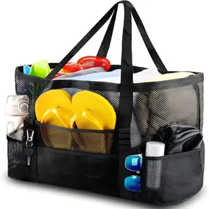 Mesh Beach Bag with Zippered Pockets, Large Capacity Tote for Home Toys and Pool Storage, Essential for Family Trips and Vacations, Summer Beach Bag