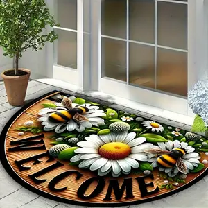 Semi Circular with Bee Daisy Pattern, Decorative Rug, Home Decor Rug, Practical Welcome Mat, Outdoor and Indoor Entrance Door Mat, Suitable for Porch, Living Room, Bedroom Decoration, Foot Mat Available All Year Round