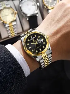 Top Luxury Log Series Business Men's Watch, Quartz Waterproof Watch, Stainless Steel Watches, Round Analog Dial, Waterproof Calendar Display, Butterfly Buckle Strap