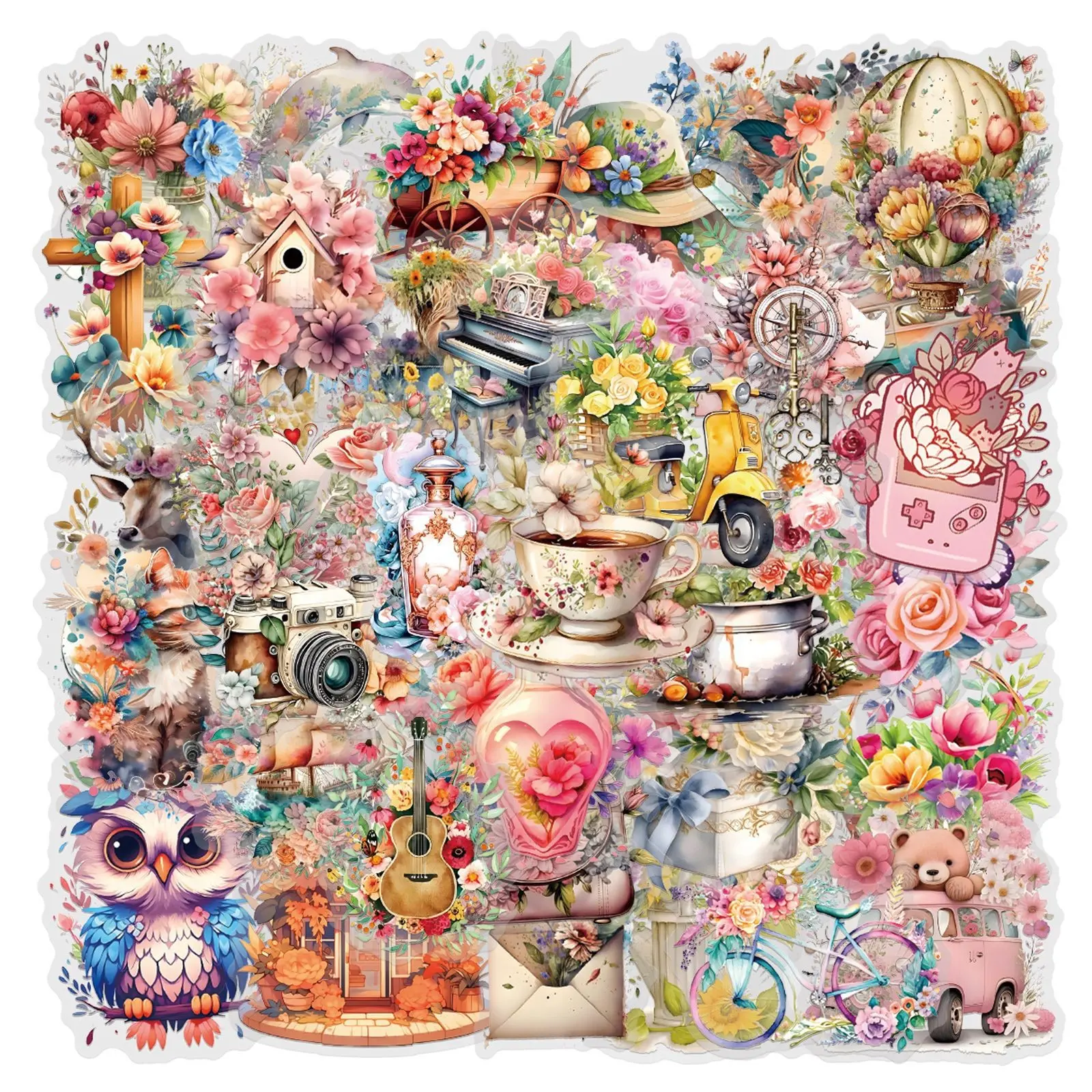 58 Pcs Vintage Watercolor Floral Stickers, Decoration Sticker,Aesthetic PET Transparent Flowers Sticker Waterproof Decorative Decals for Journaling, Decoupage, Planners, laptops, Cellphone, Phone Case, Devices, Gift & Card Making