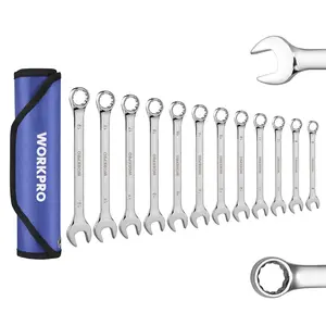 #fathersdaygift WORKPRO 12-Count Combination Wrench Set, Metric 8-19mm, Premium Cr-V Wrench Sets, 12PT, Mirror Polish Chrome Plating with Rolling Pouch