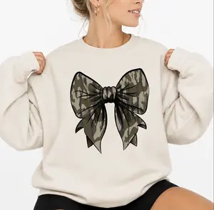 Camo Bow Sweatshirt, Camo Coquette Bow Duck Hunting Shirt, Old School Camo Fall Shirt, Full Sizes, Full Colors Sweaters Printed Tops