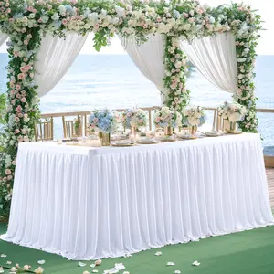 2 Pack White Spandex Table Skirt for 6/9ft Tables Wrinkle Resistant Pleated Ruffle Table Cloth for Banquet Wedding Birthday Party Decor No Table Cover