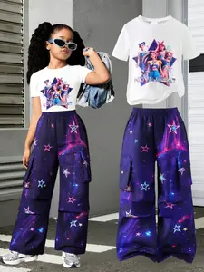 Girls' Casual Sweet Cool Nova Beat K-Pop Style Fitted Short Sleeve Top + Wide Leg Cargo Pants Set, Starry Sky Print Clothes, Trouser