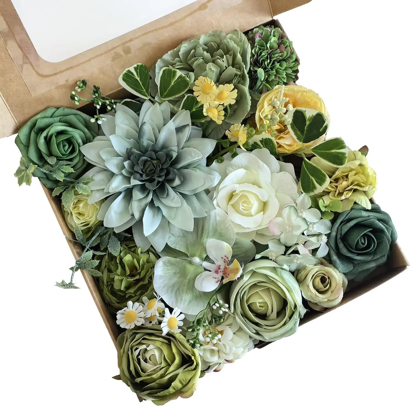 30 Pcs Artificial Silk Flowers Bulk for Decoration, Realistic Decorative Fake Flowers with Iron Stems, Indoor Floral Arrangements for Wedding, Party, Birthday, Green