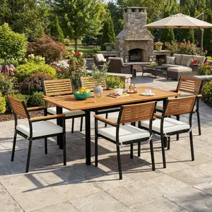 Acacia Wood Outdoor Dining Table, Extendable 51"-64" Patio Table with Umbrella Hole, Metal Legs, Natural+Black Finish for Garden, Deck, Backyard & Poolside