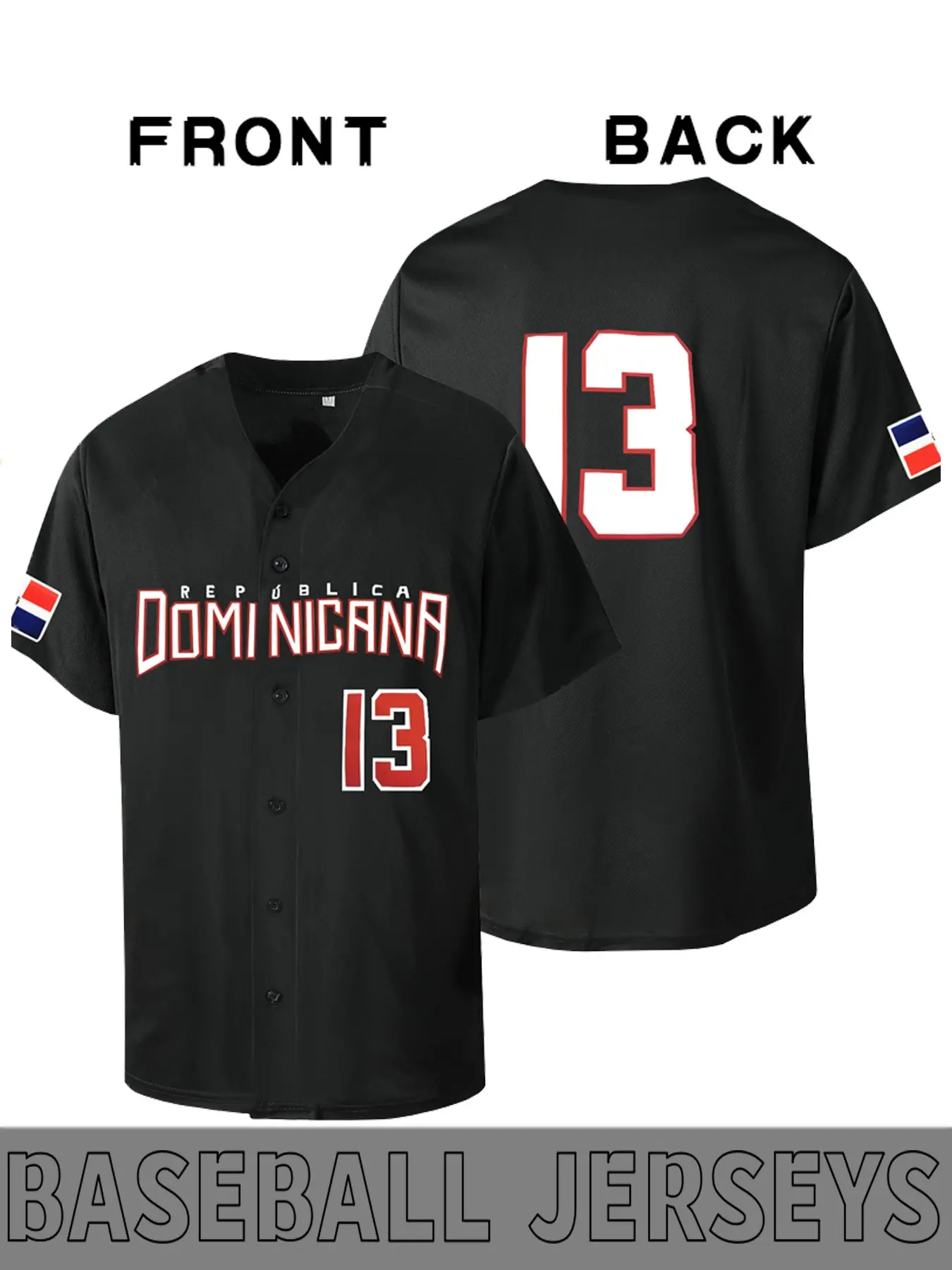 Dominicana #13 Classic Red Retro Baseball jerseys, Loose Fit Embroidered Button-Up, Short Sleeve Casual Wear for Sports & Daily Use, Baseball Shirt, Casual Sports Top